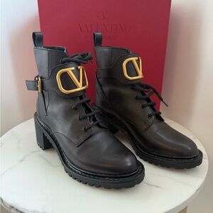 Valentino Garavani Black Leather Combat Boots with V Gold Buckle Size 38.5